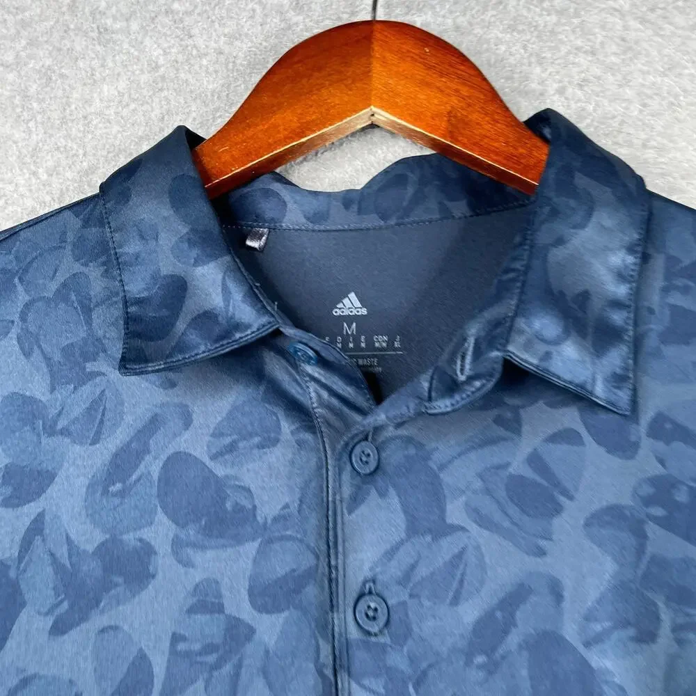Adidas Polo Golf Shirt Navy Blue Geometric Print Stretch Casual Mens Medium
